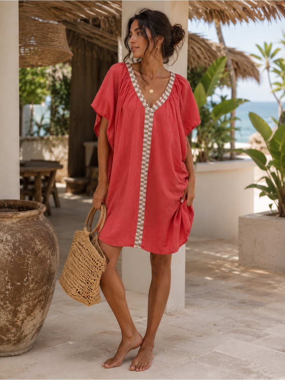 Mirth Handmade Edition Kaftan Style Dress Linen Blend Orange Contrast Trim Small